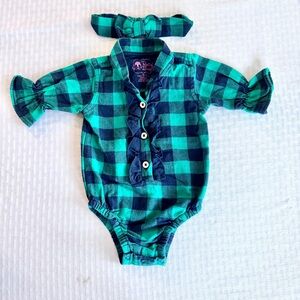 RuffleButts Baby Girl Plaid Ruffle Romper w Headband 6–12M Holiday‎